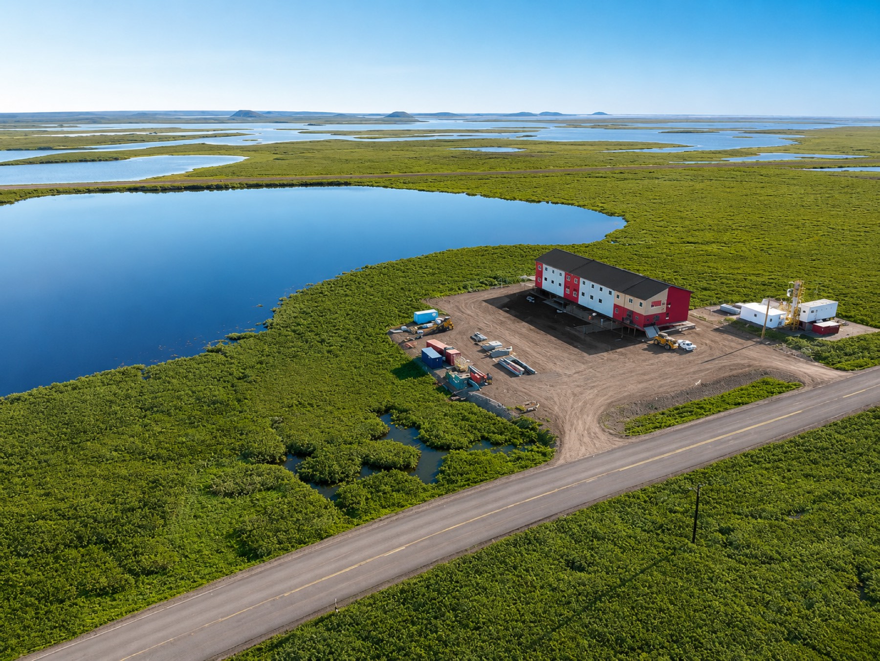 Aerial project overview of a completed modular workforce lodge beside a lake